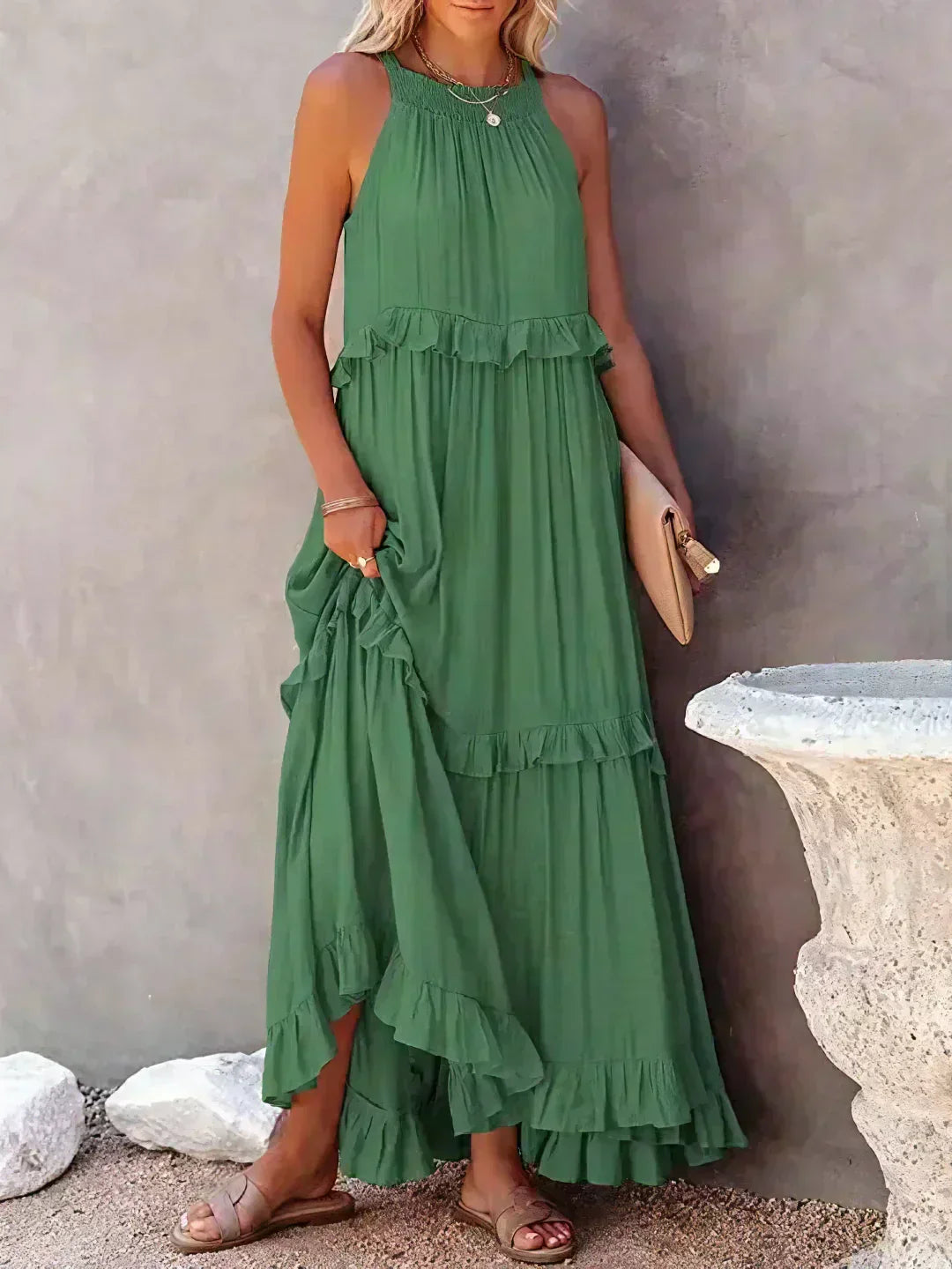 Delilah - Elegant Halter Neck Ruffle Trim Dress