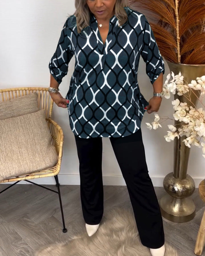 Elspeth - Stylish Geometric Printed Long Sleeve Blouse