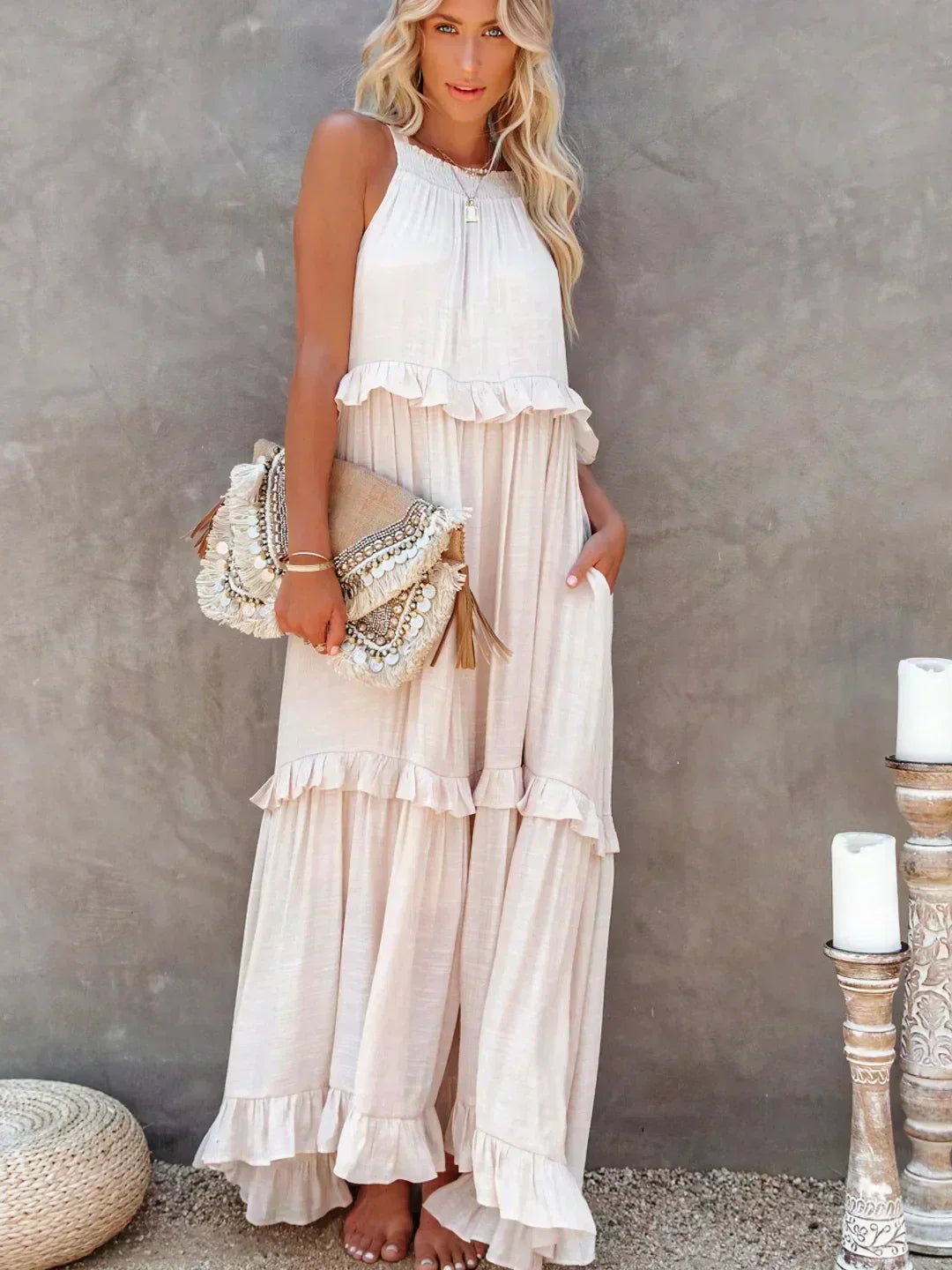 Delilah - Elegant Halter Neck Ruffle Trim Dress