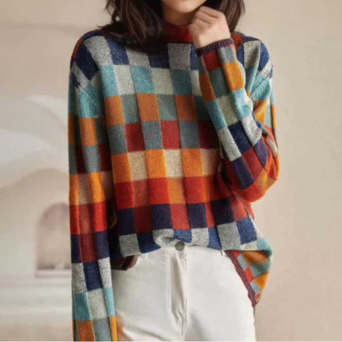 Cleo | Women’s Colorblock Check Mock Neck Sweater