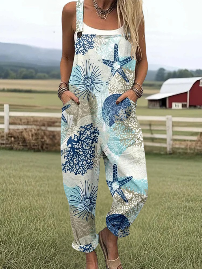 Harlow - Women's Underwater World Pattern Print Casual Wide Leg Jumpsuit