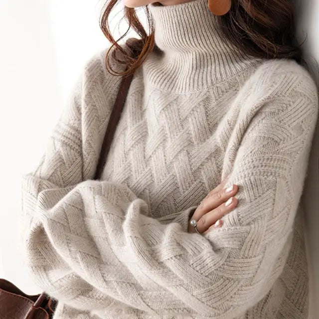 Cassandra | Womens Turtleneck Sweater with Woven Pattern | Soft Feel, Warm High Collar | Beige or Camel XS-3XL