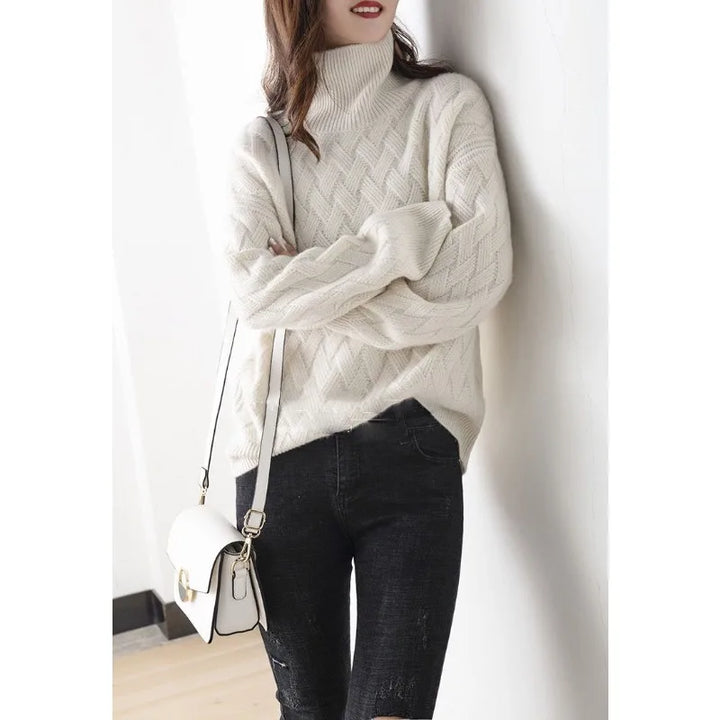 Cassandra | Womens Turtleneck Sweater with Woven Pattern | Soft Feel, Warm High Collar | Beige or Camel XS-3XL