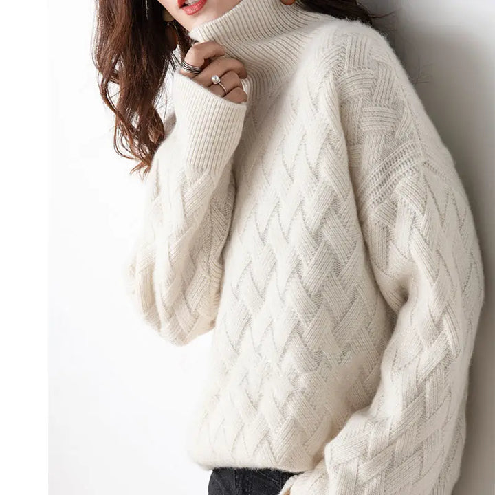 Cassandra | Womens Turtleneck Sweater with Woven Pattern | Soft Feel, Warm High Collar | Beige or Camel XS-3XL