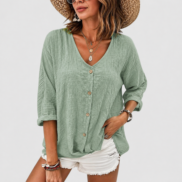 Serena | Linen Blend Button Blouse for Effortless Summer Style