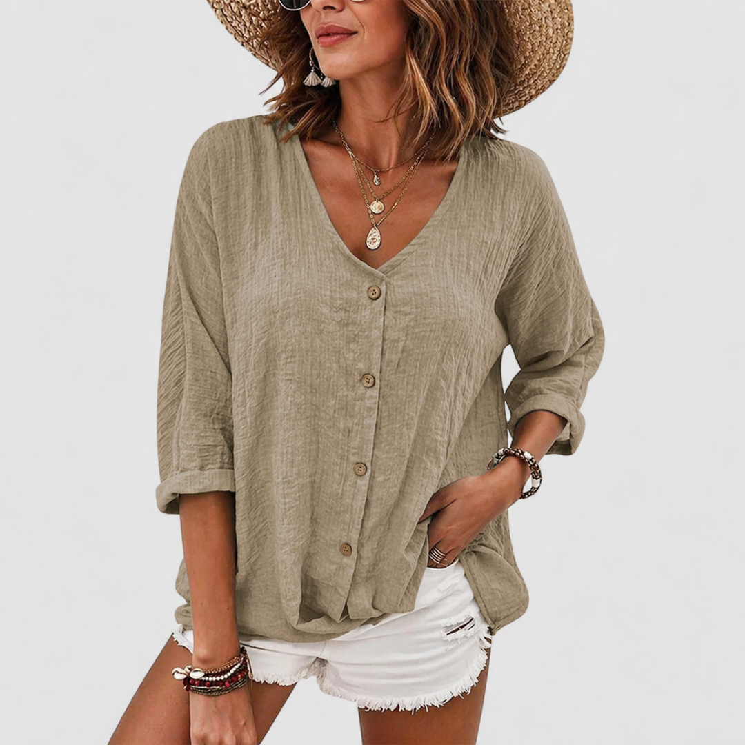 Serena | Linen Blend Button Blouse for Effortless Summer Style
