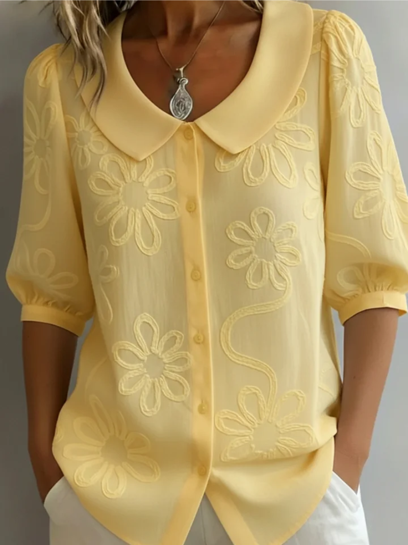 Alyssa | Women’s Embroidered Floral Cotton Blend Blouse, Short Sleeve Casual Top
