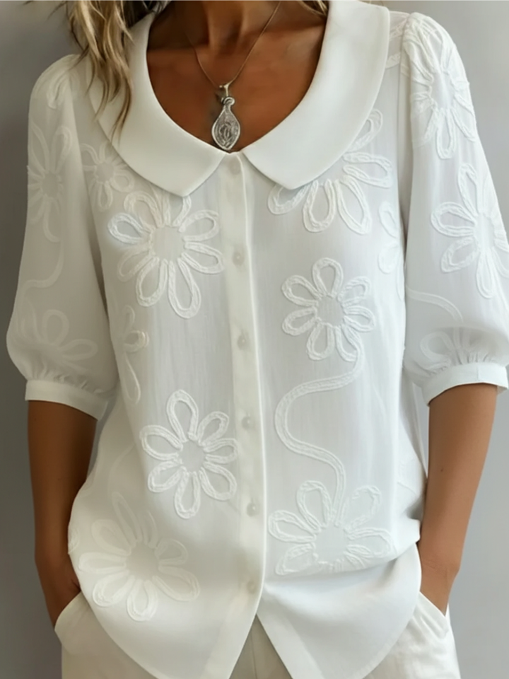 Alyssa | Women’s Embroidered Floral Cotton Blend Blouse, Short Sleeve Casual Top