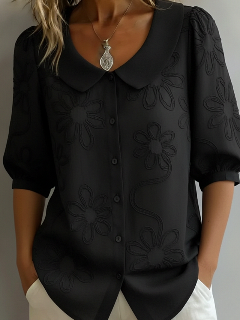 Alyssa | Women’s Embroidered Floral Cotton Blend Blouse, Short Sleeve Casual Top