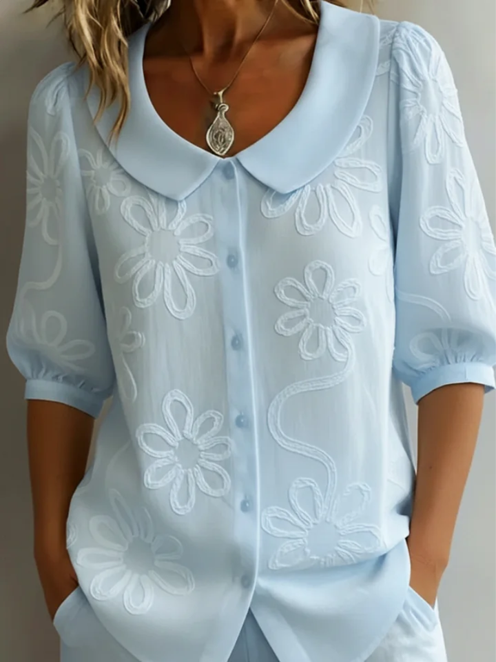 Alyssa | Women’s Embroidered Floral Cotton Blend Blouse, Short Sleeve Casual Top