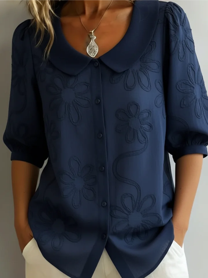 Alyssa | Women’s Embroidered Floral Cotton Blend Blouse, Short Sleeve Casual Top