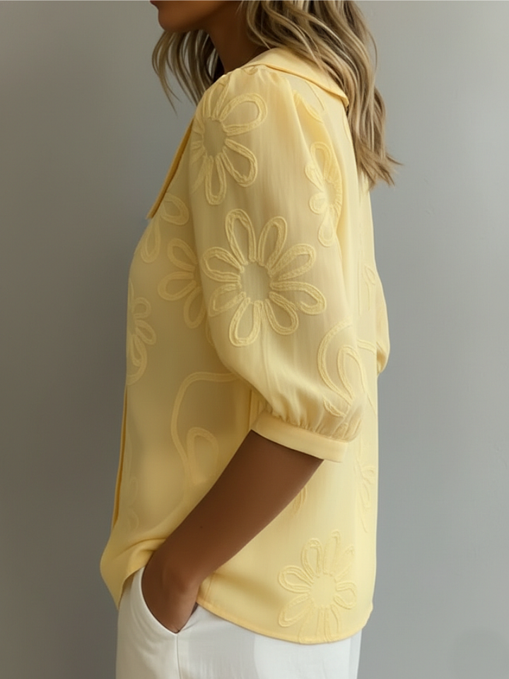 Alyssa | Women’s Embroidered Floral Cotton Blend Blouse, Short Sleeve Casual Top