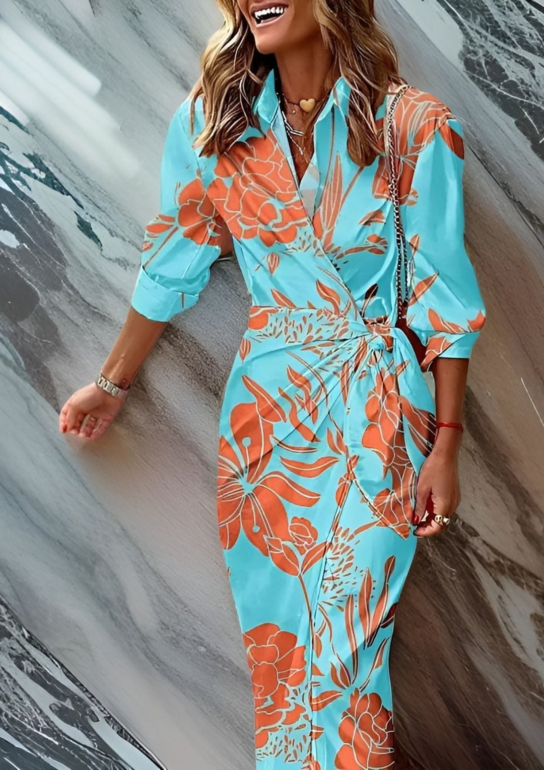 Olivia – Printed Waist-Cinching Shirt Dress