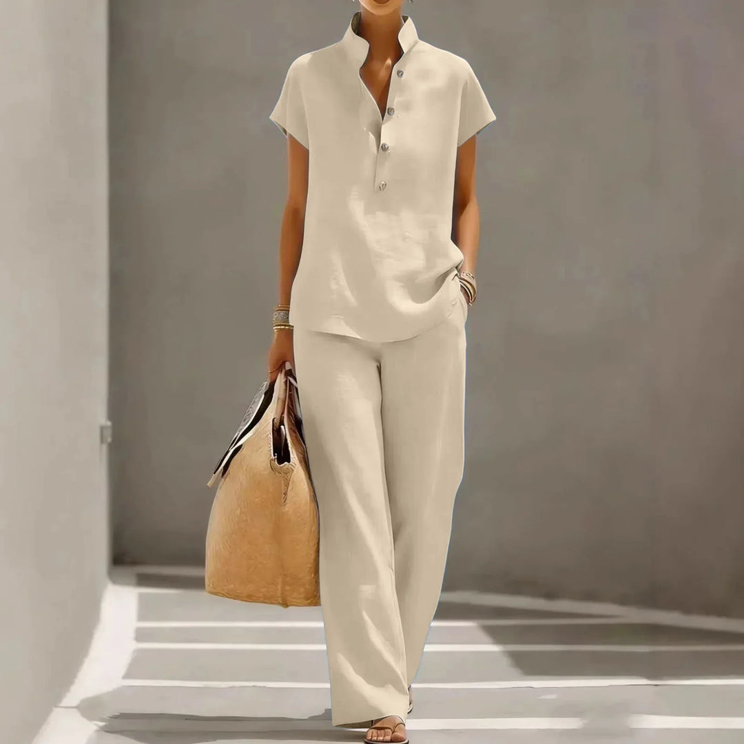 Marissa | Women’s Cotton Linen Two-Piece Set with Button Top and Wide-Leg Pants