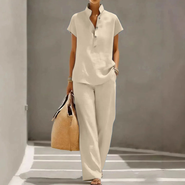 Marissa | Women’s Cotton Linen Two-Piece Set with Button Top and Wide-Leg Pants