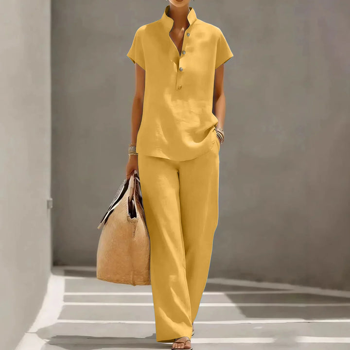 Marissa | Women’s Cotton Linen Two-Piece Set with Button Top and Wide-Leg Pants