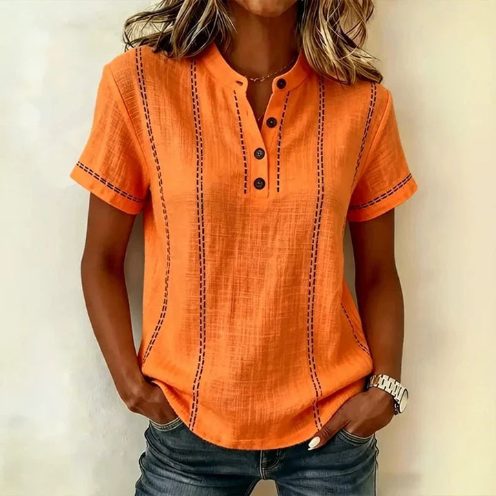 Heidi | Women’s Textured Short Sleeve Blouse with V-Neck and Button Front