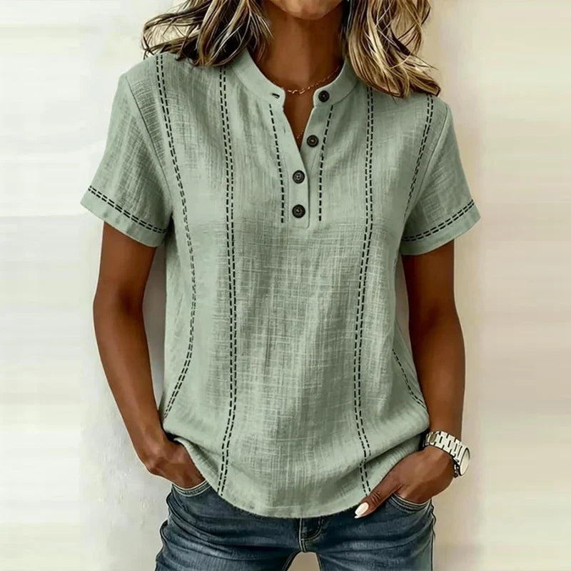 Heidi | Women’s Textured Short Sleeve Blouse with V-Neck and Button Front