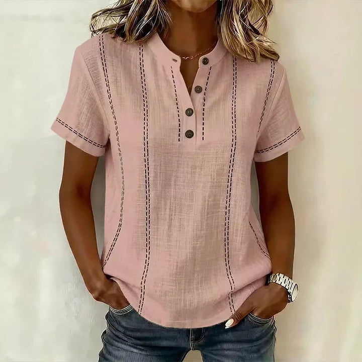 Heidi | Women’s Textured Short Sleeve Blouse with V-Neck and Button Front
