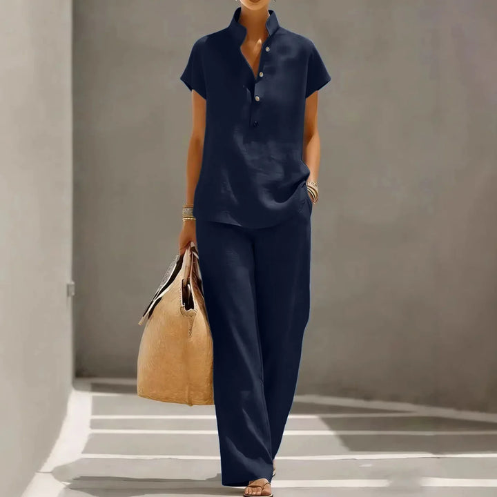 Marissa | Women’s Cotton Linen Two-Piece Set with Button Top and Wide-Leg Pants