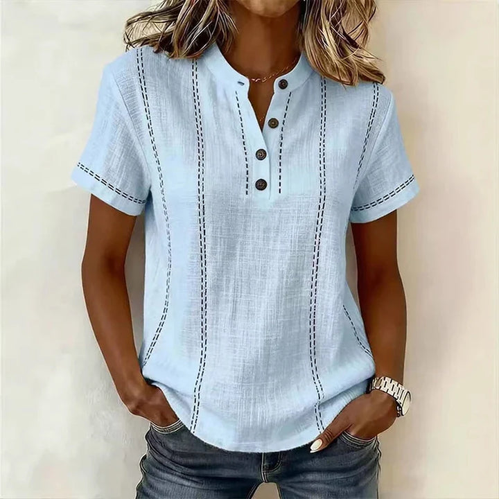 Heidi | Women’s Textured Short Sleeve Blouse with V-Neck and Button Front