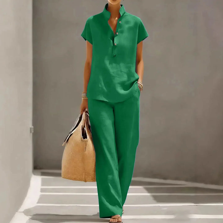 Marissa | Women’s Cotton Linen Two-Piece Set with Button Top and Wide-Leg Pants