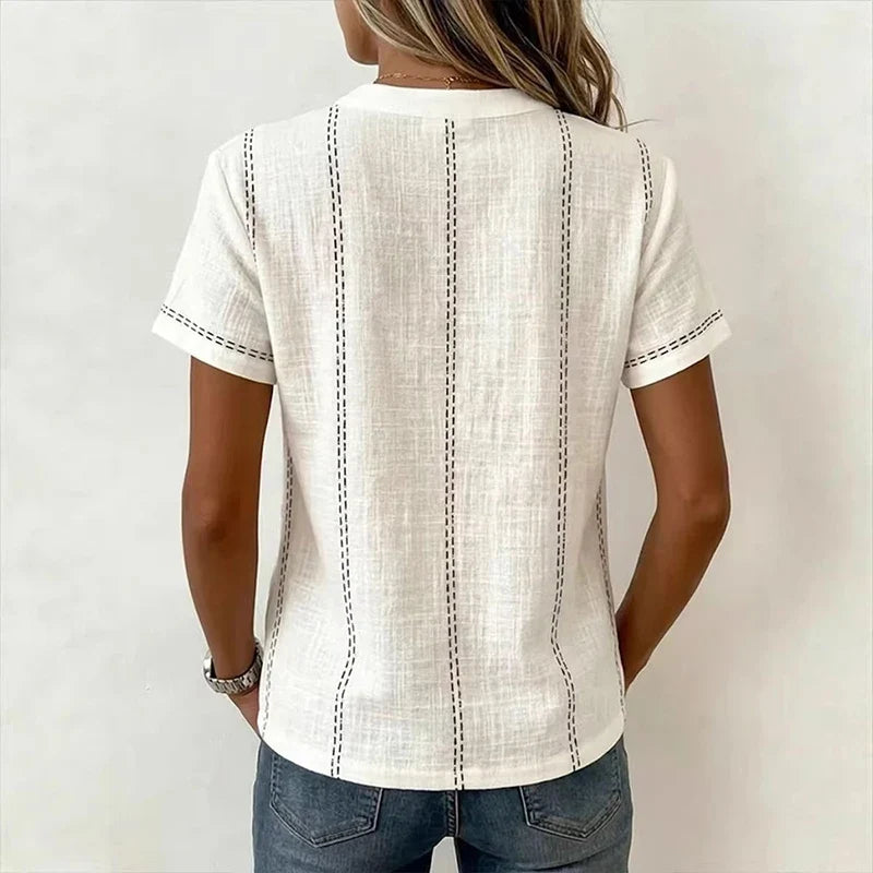 Heidi | Women’s Textured Short Sleeve Blouse with V-Neck and Button Front