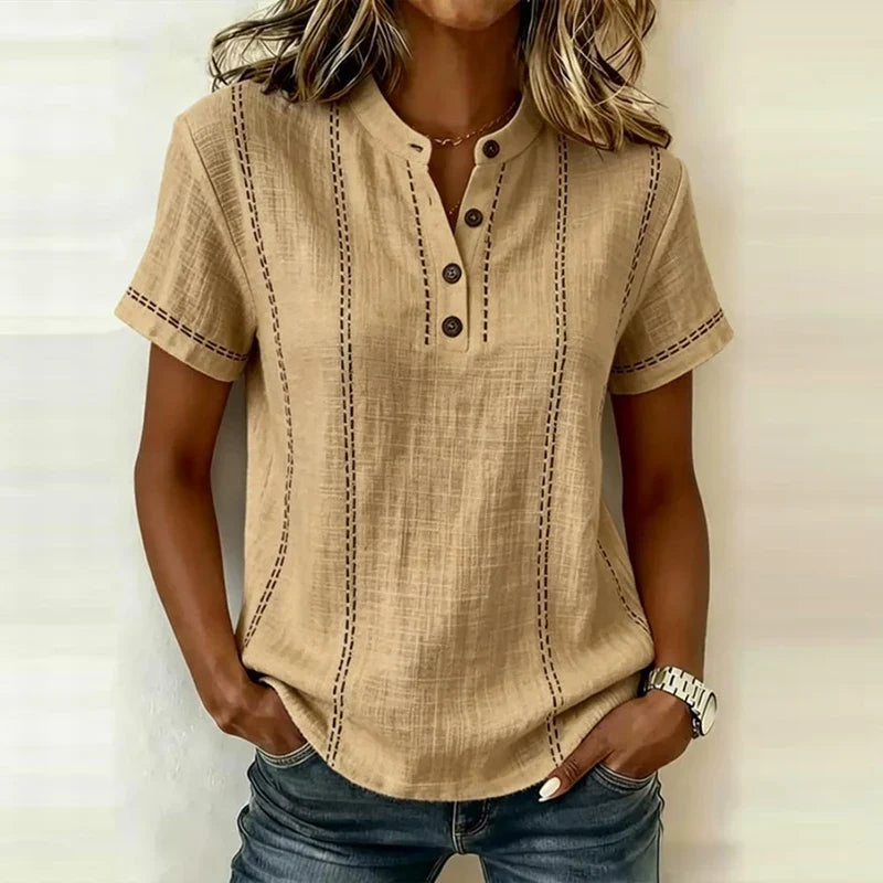 Heidi | Women’s Textured Short Sleeve Blouse with V-Neck and Button Front