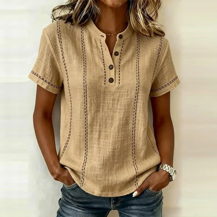 Heidi | Women’s Textured Short Sleeve Blouse with V-Neck and Button Front