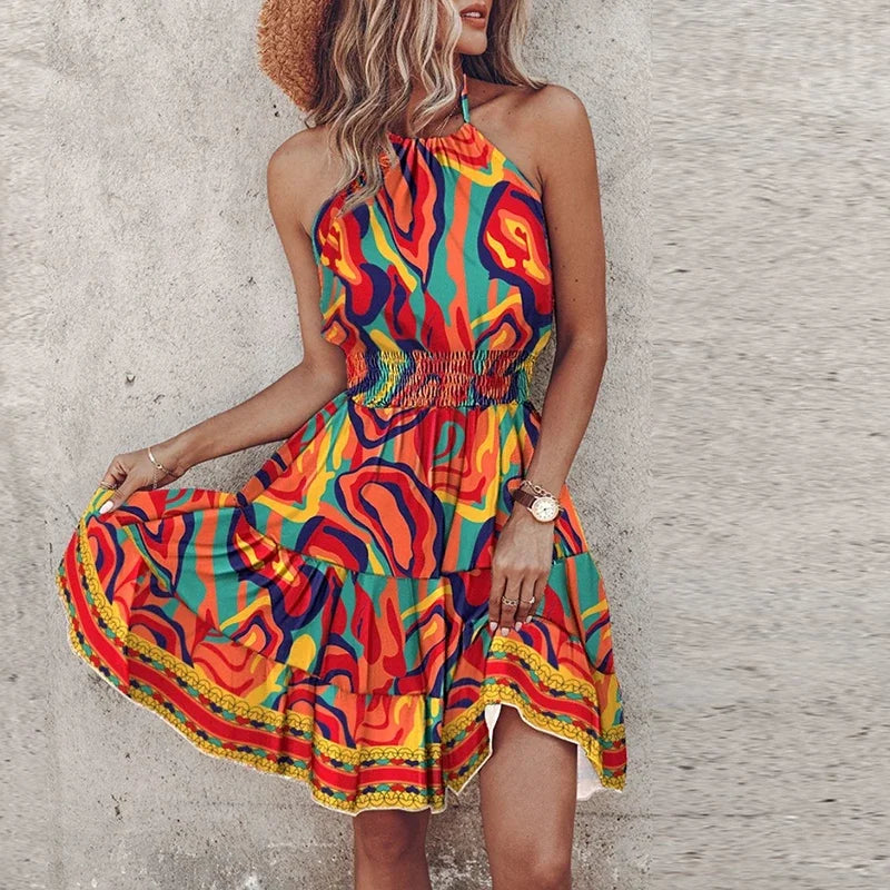 Loxley - Backless Irregular Printed Mini Dress
