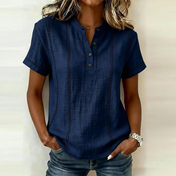 Heidi | Women’s Textured Short Sleeve Blouse with V-Neck and Button Front