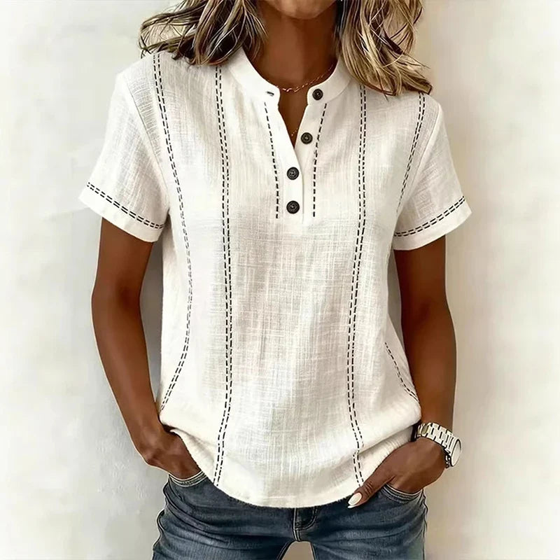 Heidi | Women’s Textured Short Sleeve Blouse with V-Neck and Button Front