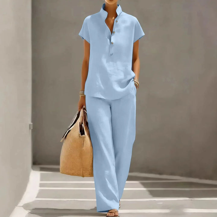Marissa | Women’s Cotton Linen Two-Piece Set with Button Top and Wide-Leg Pants