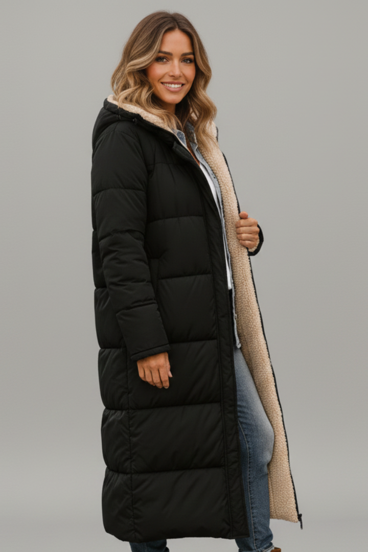 Allison | Womens Long Quilted Coat with Hood | Full Zip, Lined, Side Pockets | Black, Beige, Army Green and More S-5XL