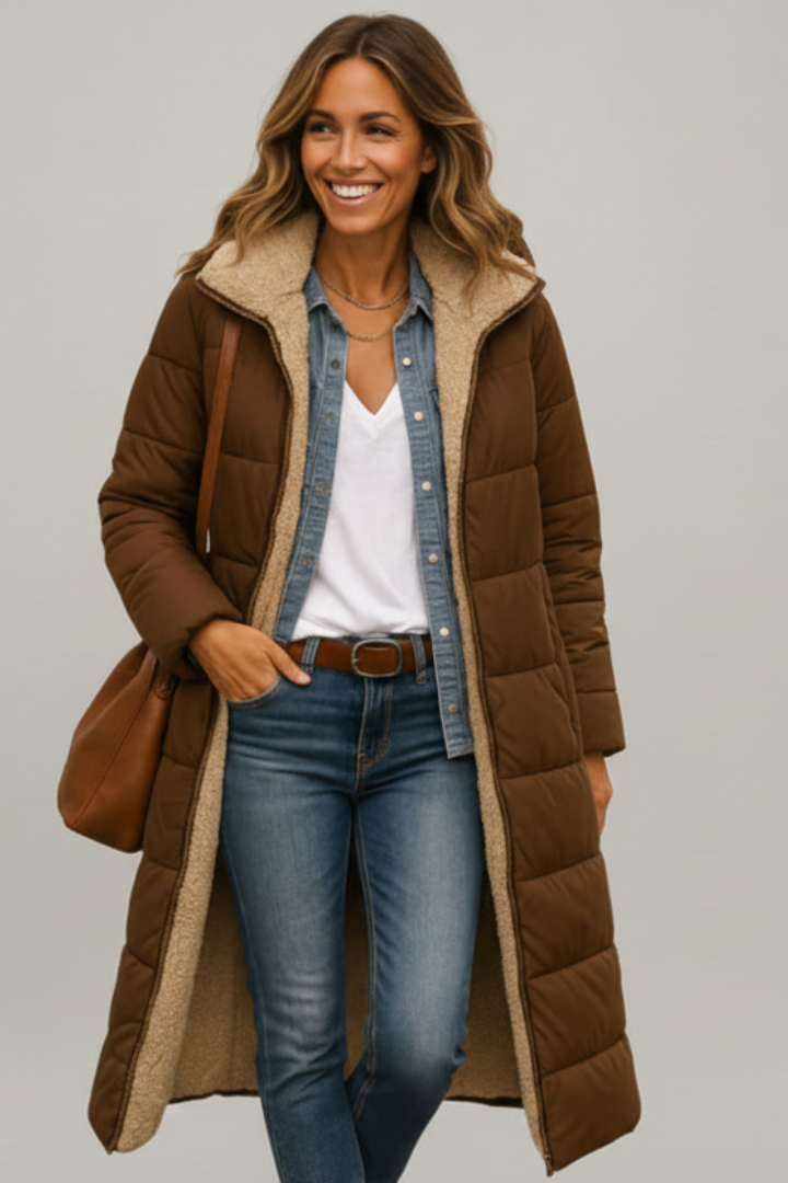Allison | Womens Long Quilted Coat with Hood | Full Zip, Lined, Side Pockets | Black, Beige, Army Green and More S-5XL