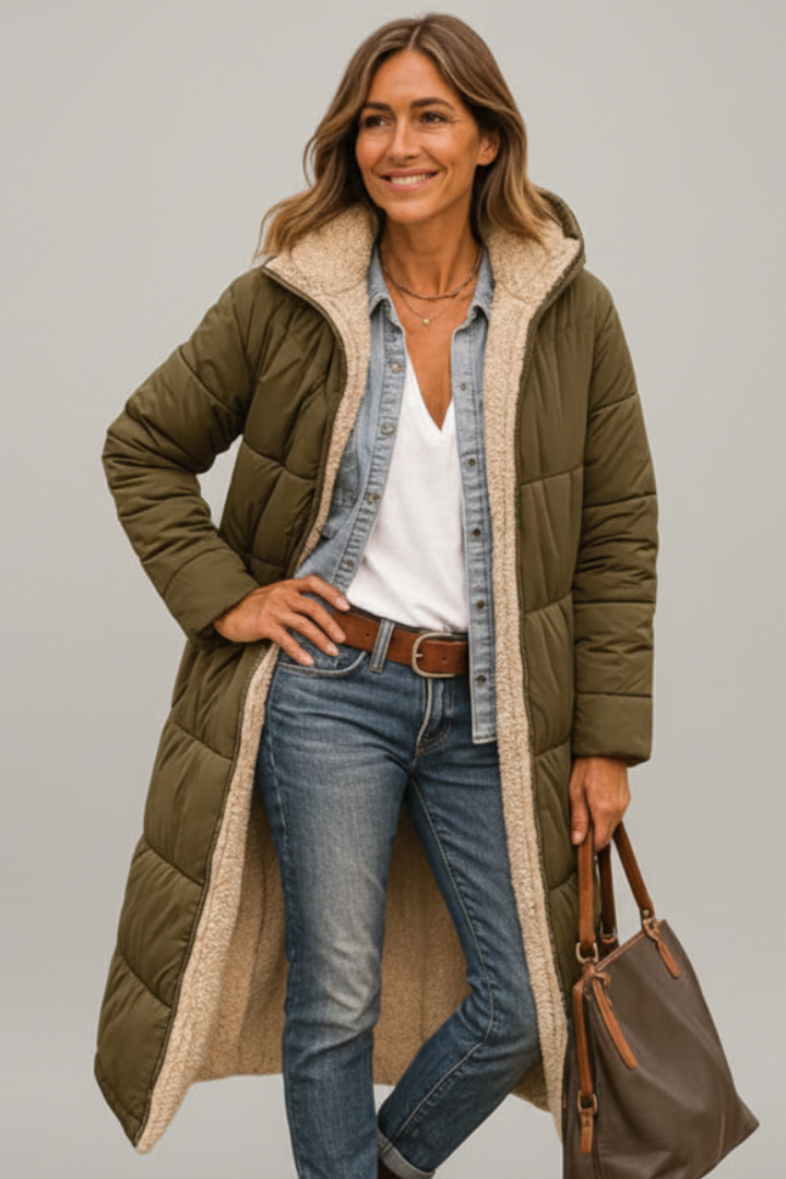 Allison | Womens Long Quilted Coat with Hood | Full Zip, Lined, Side Pockets | Black, Beige, Army Green and More S-5XL