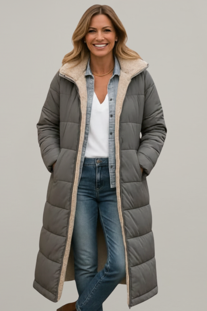 Allison | Womens Long Quilted Coat with Hood | Full Zip, Lined, Side Pockets | Black, Beige, Army Green and More S-5XL