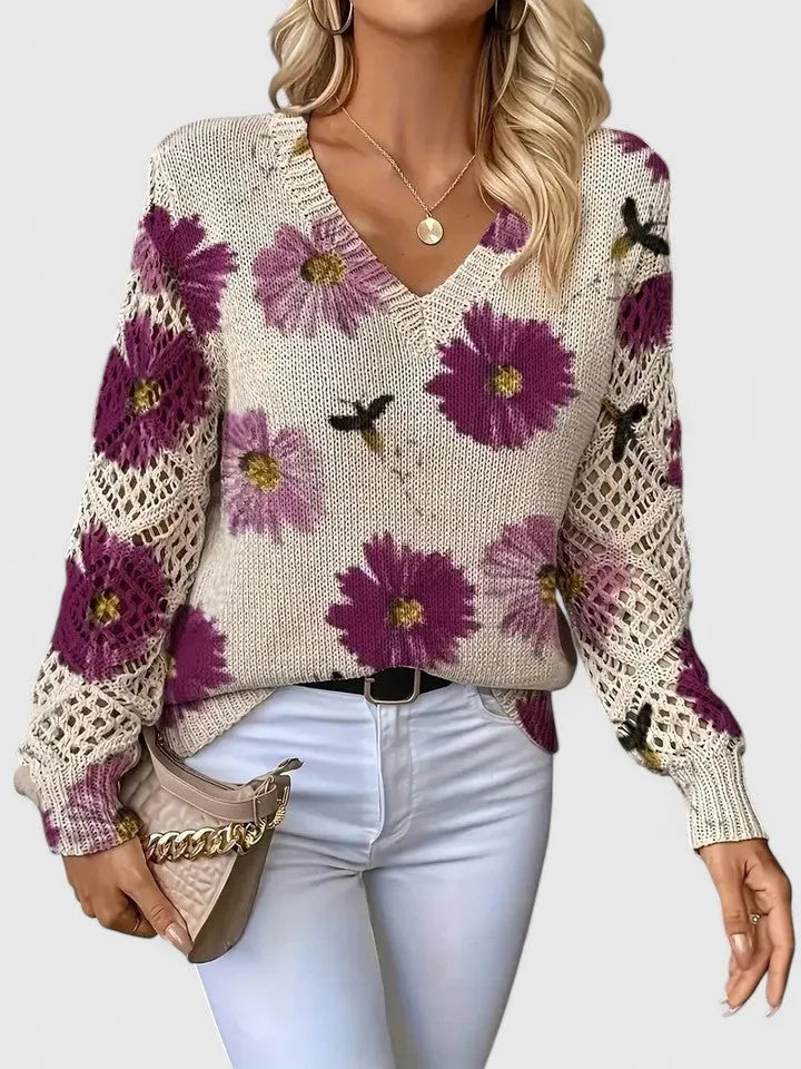 Rosalie | Floral V-Neck Knit Sweater