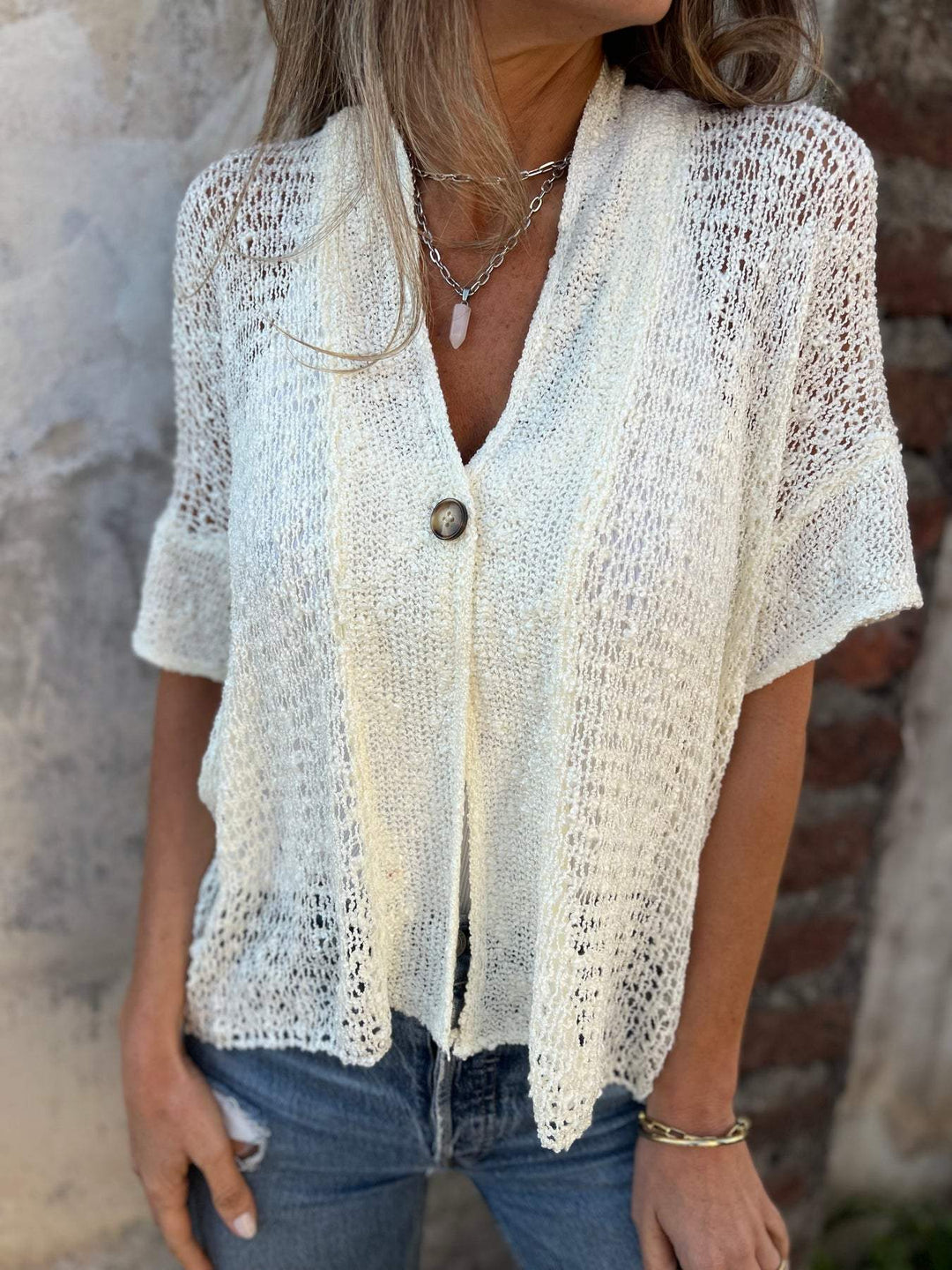 Tindra - V-Neck Hollow Out Knit Top