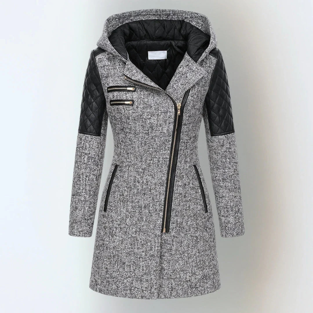 Evelina | Women’s Hooded Asymmetric Zip Coat with Quilted Sleeves