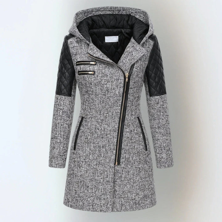Evelina | Women’s Hooded Asymmetric Zip Coat with Quilted Sleeves