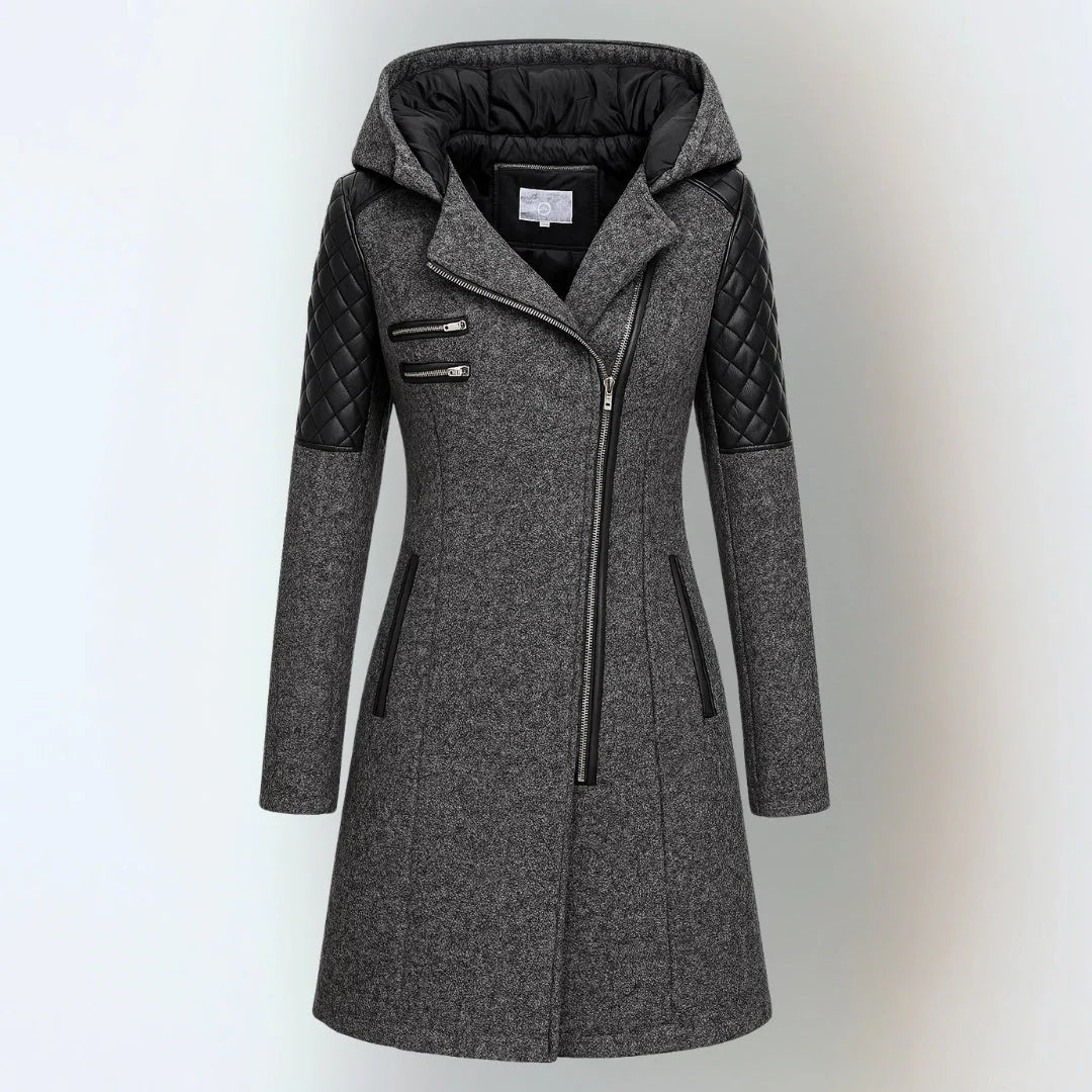 Evelina | Women’s Hooded Asymmetric Zip Coat with Quilted Sleeves