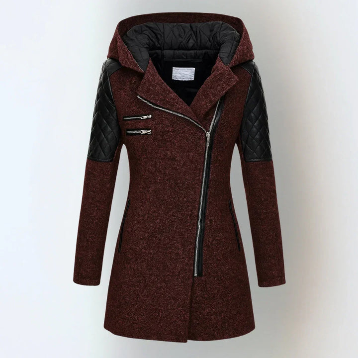 Evelina | Women’s Hooded Asymmetric Zip Coat with Quilted Sleeves