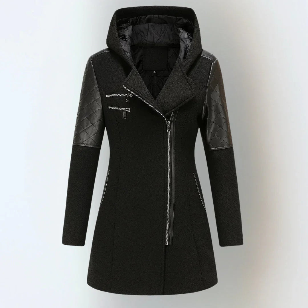 Evelina | Women’s Hooded Asymmetric Zip Coat with Quilted Sleeves