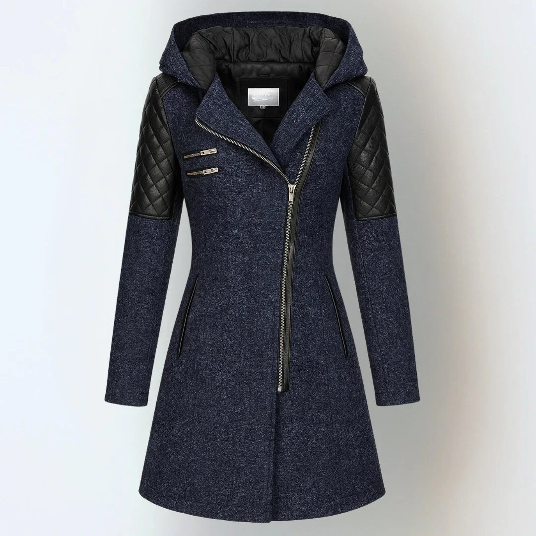Evelina | Women’s Hooded Asymmetric Zip Coat with Quilted Sleeves