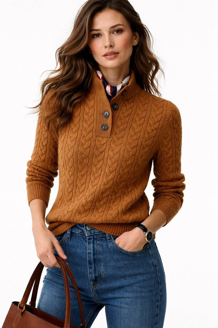 Cecilia | Women’s Cable Knit Button Mock Neck Sweater