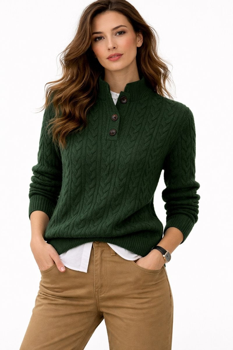 Cecilia | Women’s Cable Knit Button Mock Neck Sweater