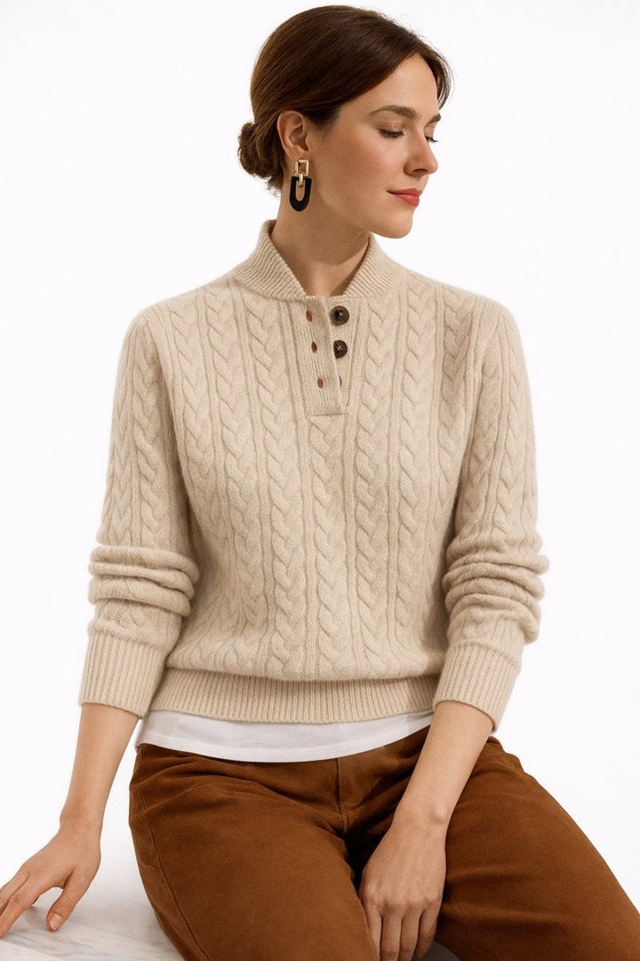 Cecilia | Women’s Cable Knit Button Mock Neck Sweater